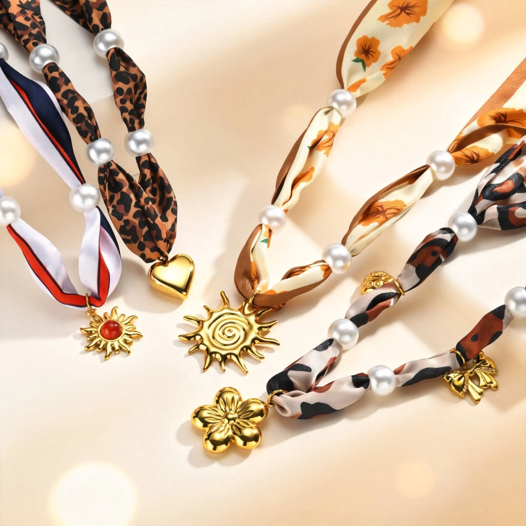 Charm Silk Ribbon Choker Necklace Women's Leopard Floral Stripe Necklaces Sun Heart Flower Pendants Vintage Boho Neck Jewelry