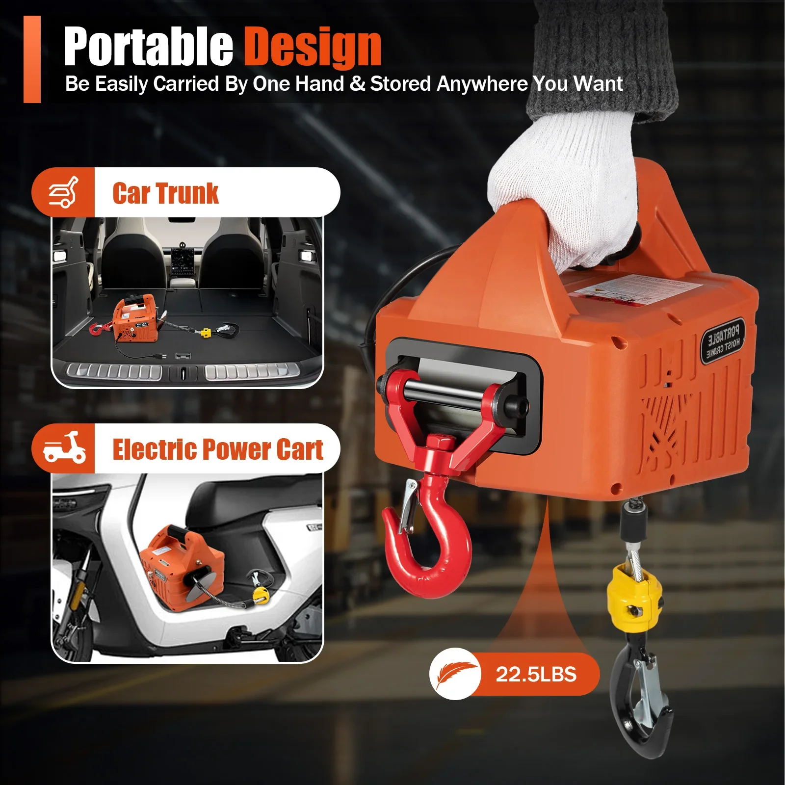 Three-in-one Portable Electric Hoist Winch 360° Rotatable Hook Loading Capacity 1100lbs Useful Lifting-assistant