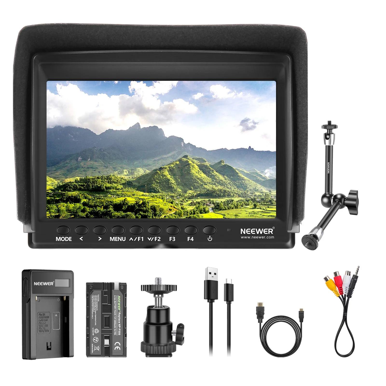 

Neewer F100 7-inch 1280x800 IPS Screen Camera Field Monitor Kit: Support Input With 2600mAh Rechargeable Li-ion Battery
