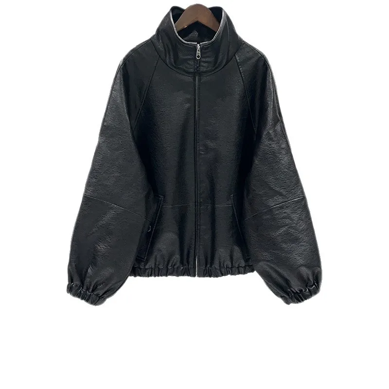 

【Gift Free】2025 French-Italian Niche Autumn Winter Low-Maintenance Soft Stand Collar Black Textured Lamb Leather Zip-Up Jacket