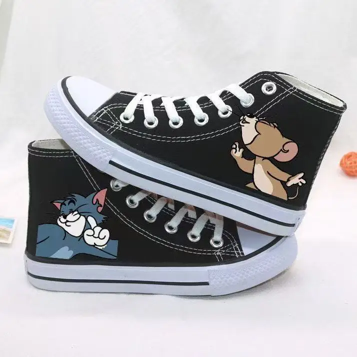 

real pictures Tom and Jerry cat and mouse man's plus white Canvas shoes Design Casual drop shipping black women's skate shoes