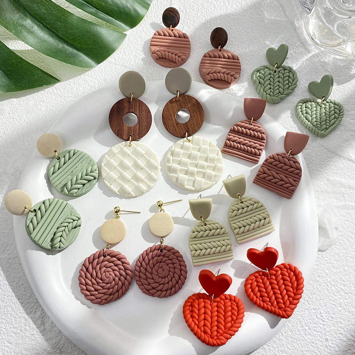 Lifefontier Geometric Knited Braided Polymer Clay Earrings Handmade Heart Dangle Drop Earring For Women Trendy Jewelry Gifts