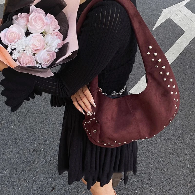 حقيبة يد كلاسيكية جديدة من جلد الغزال للنساء، حقيبة تحت الإبط ببرشام، حقيبة كتف مفردة عصرية #6