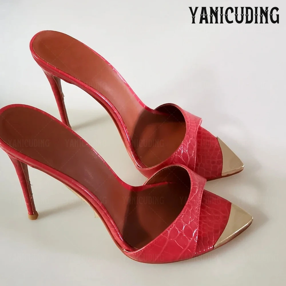

Sexy Alligator Mules Super High Heel Stiletto Slippers Sexy Fashion Summer Shoes Metallic Toe Luxury Women's Slippers Multicolor