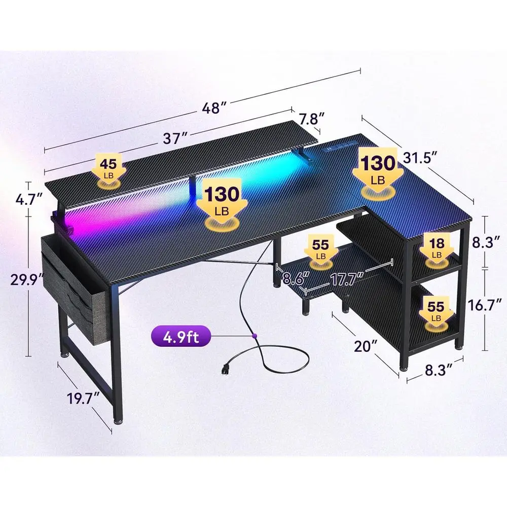 مكتب ألعاب على شكل حرف L قابل للعكس مع منافذ USB وأضواء LED وأرفف تخزين وحامل شاشة - مكتب ألعاب زاوية سوداء مع Po