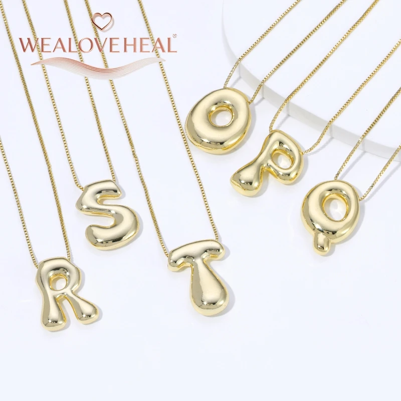 lange kette，halsketten herren，muttertagsgeschenk，schmuck frauen，halskette，18K Vergoldete Messing A-Z Ballon-Buchstaben-Halskette, Puff-Buchstaben-Anhänger, Klobiger Glänzender Personalisierter Namens-Alphabet-Schmuck – Detail 18
