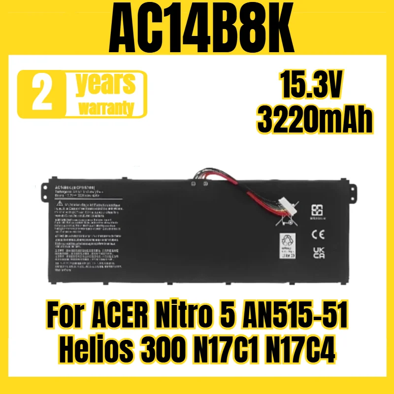 

AC14B8K laptop battery for ACER Nitro 5 AN515-51 Helios 300 N17C1 N17C4 battery, new large capacity 15.3V 3220mAh