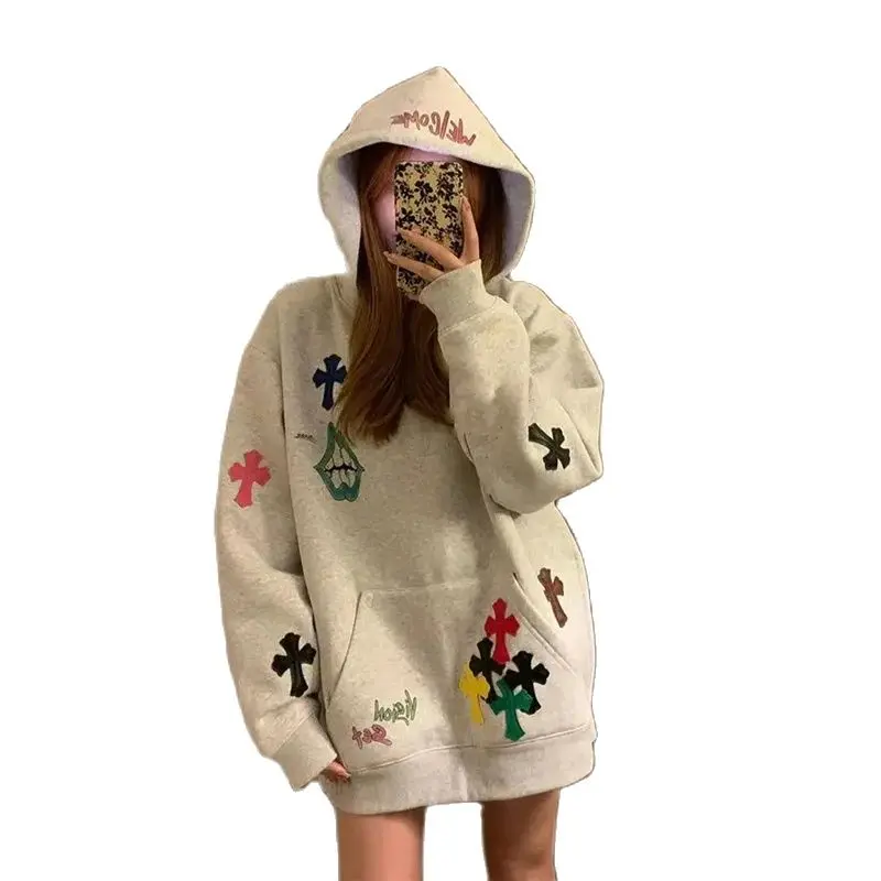 Autumn Winter Hoodie Women 2024 New Fashion Loose Casual Tops Hooded Coat Vintage Pullover Cross Printing Outerwear Female