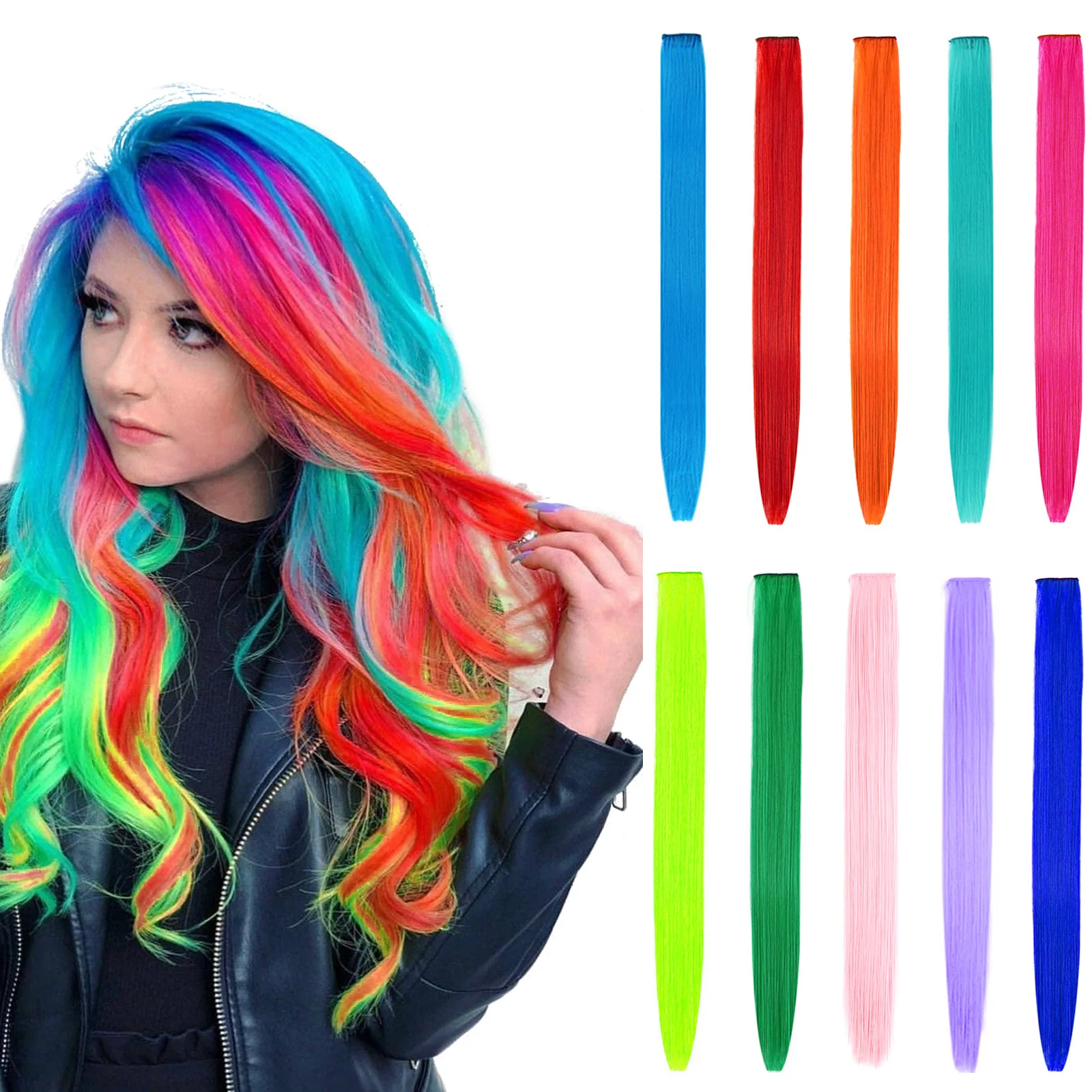 10 Packs Synthetic Straight Hair Colored Clip In One Piece Hair Extensions 22inch Rainbow Color Synthetic Clip In Hair Extension