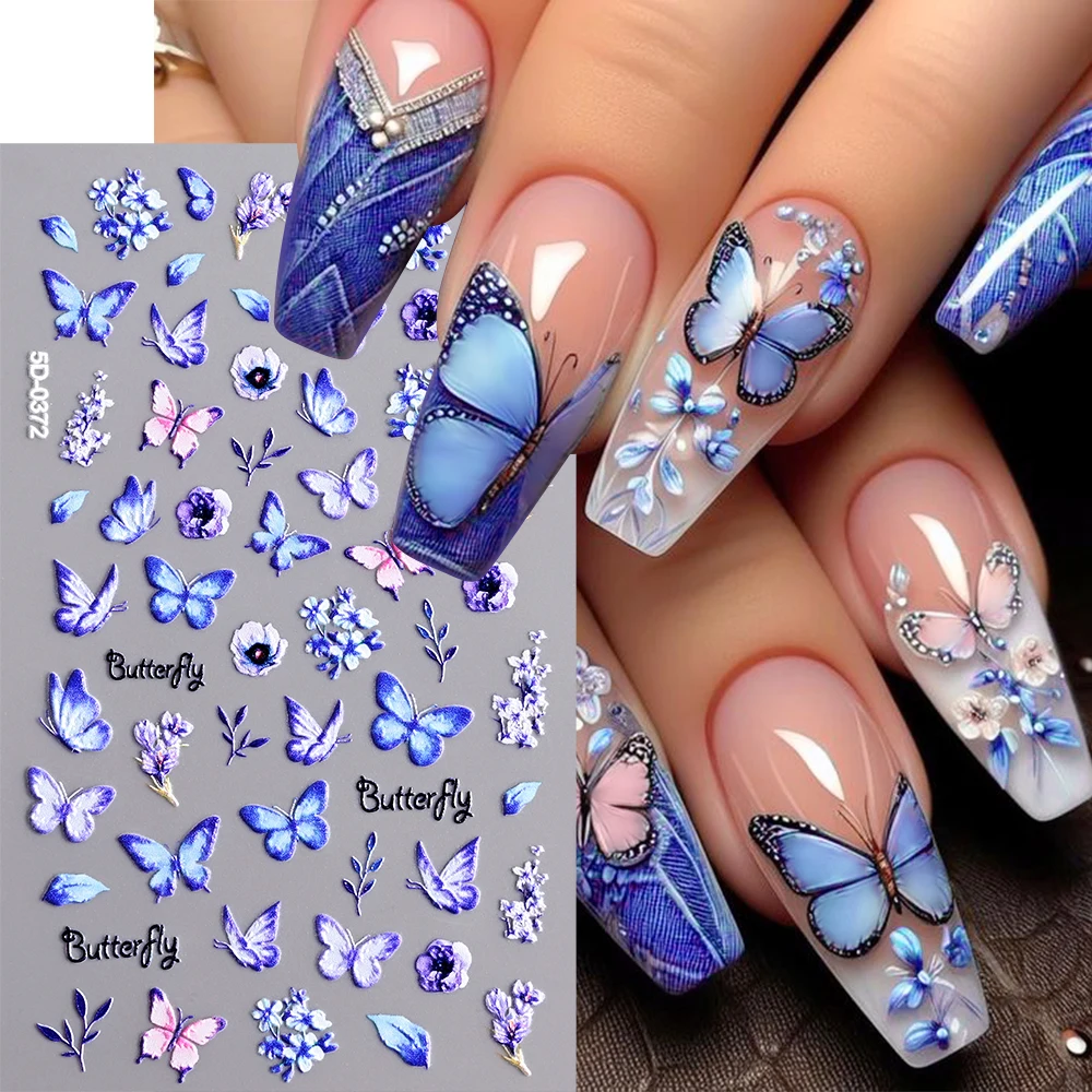 1sheet 5D Embossed Butterfly Nail Art Stickers Purple Butterflies/Floral Nail Art Decals Self-Adhesive Rose Flower Manicure Diy