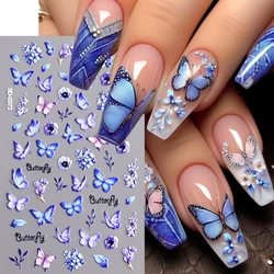 1sheet 5D Embossed Butterfly Nail Art Stickers Purple Butterflies/Floral Nail Art Decals Self-Adhesive Rose Flower Manicure Diy