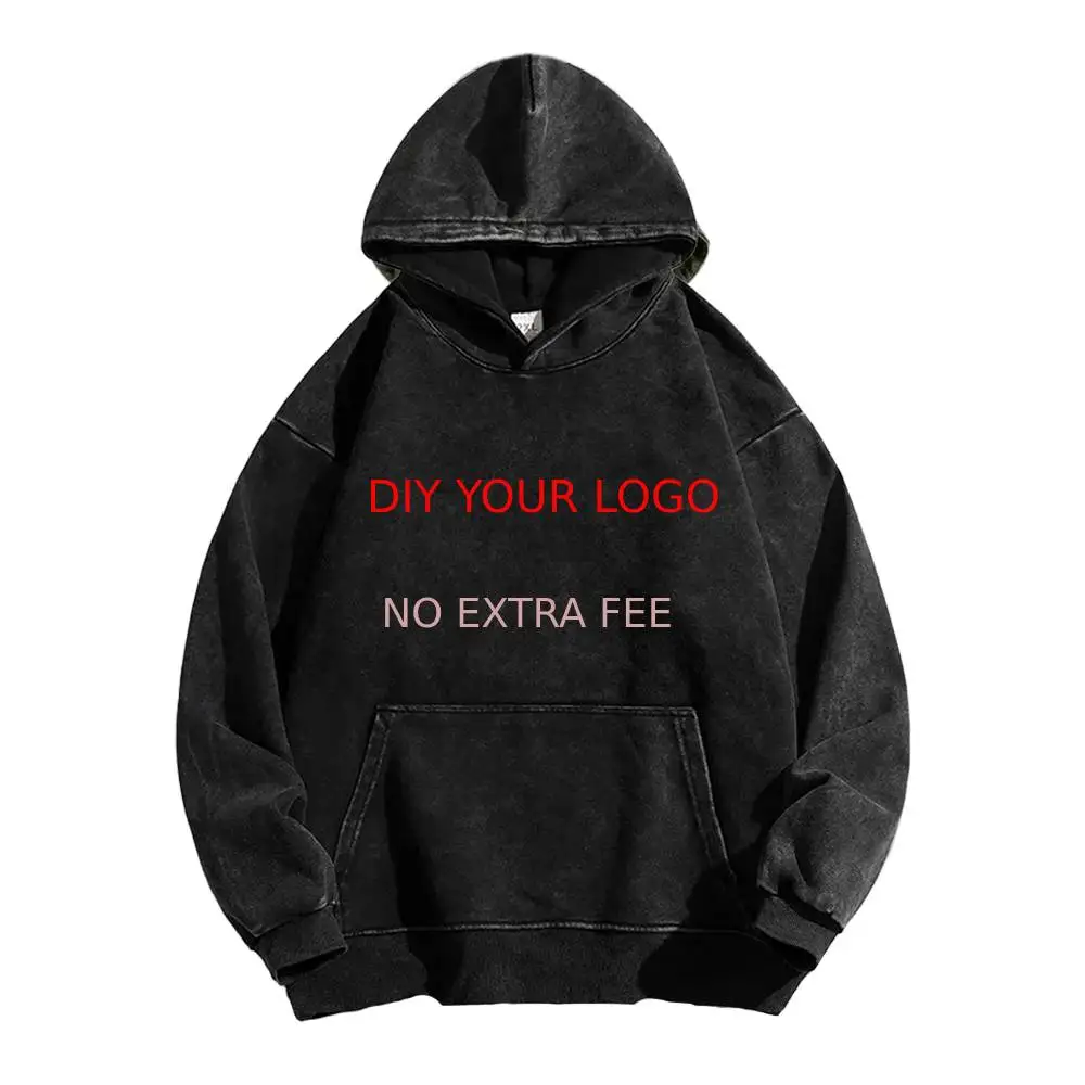 Customizable Retro Washed Hoodies 100% Cotton Tops Black Acid Vintage Hooded Sweatshirts Oversize Hip Hop Male Pullover Clothing