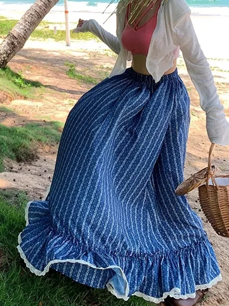 Jmprs ボヘミアンストライプロングスカート女性エレガントな甘いハイウエストレトロスカートカジュアルルーズ女性レースパッチワークヴィンテージスカート
