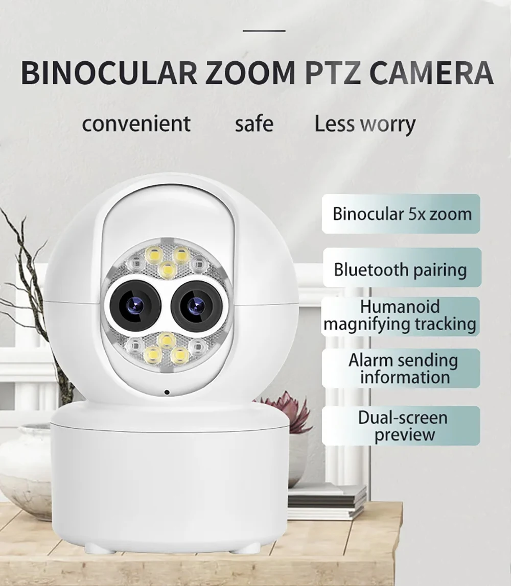 ICsee Dual-Lens 4MP Security Camera 5X Optical Zoom PTZ WiFi IP Cam with Auto Tracking 2.8mm Lens Wireless Surveillance for Home
