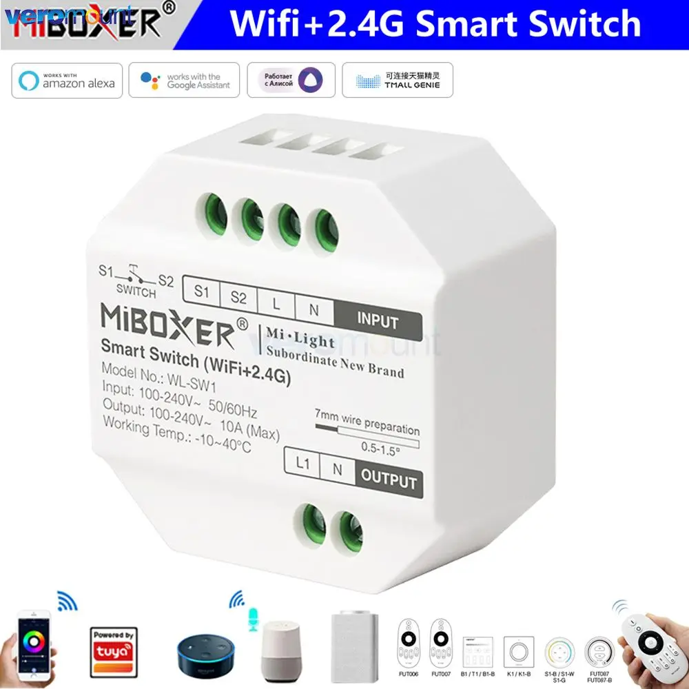 Miboxer Wifi+2.4G Smart Switch WL-SW1 RF Push Dimmer Controller App/Voice/Remote Control AC100-240V for LED Light/Plug/Fan