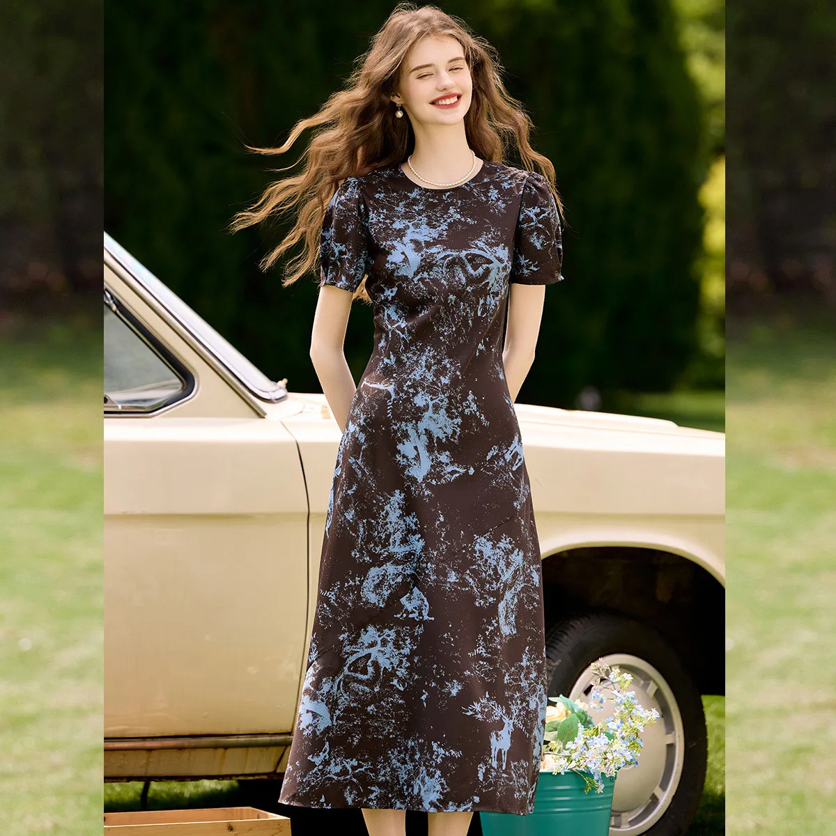 LOUIS YAO Color Blocking Floral Printed Dress 2025 Summer New Non Elastic Round Neck Short Sleeve A-line Long Women's Dress