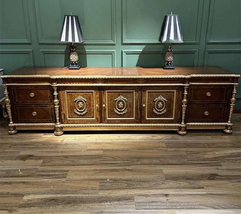

Light luxury European solid wood TV cabinet carving household villa large apartment decorative floor cabinet designer