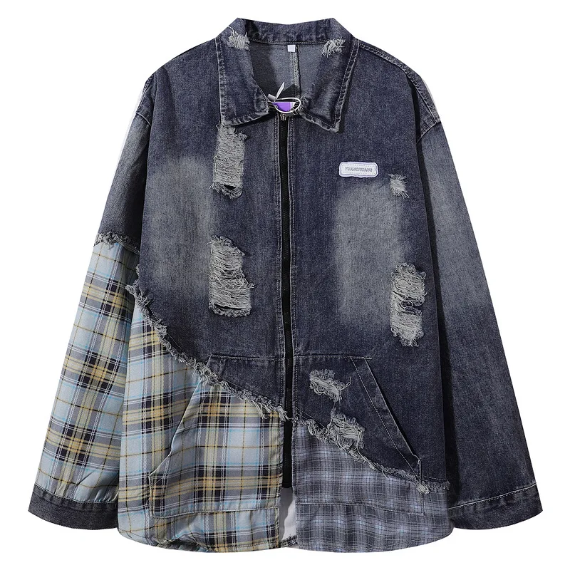 

Мужская рваная джинсовая куртка High Street, модная уличная одежда, потертое джинсовое пальто с лоскутными отверстиями, искусственная верхняя одежда из двух предметов