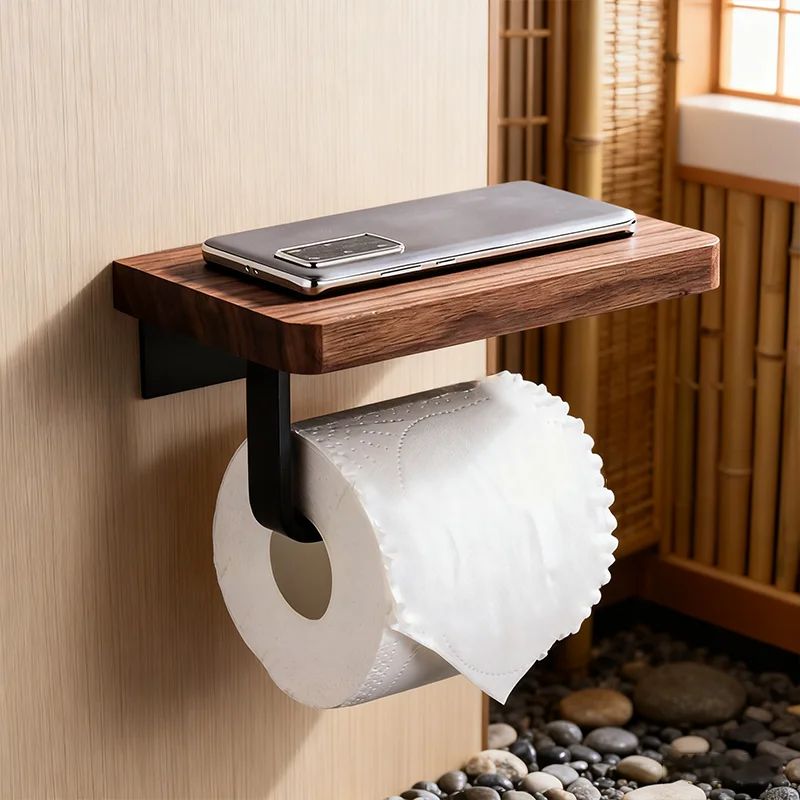 حامل ورق المرحاض الخشبي الحمام جدار جبل WC ورقة حامل هاتف الرف تخزين منشفة لفة الرف الملحقات #6