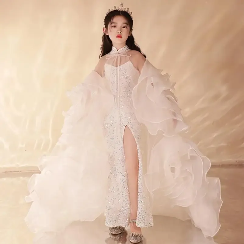 High End Children's Princess Evening Gown Sequin Trail Design Kids Hosting Cat Walk Wedding Birthday Party Girl Dress A2816