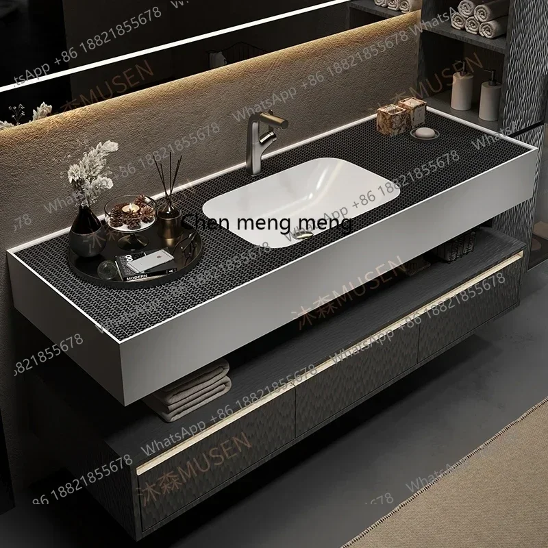 Modern simple hotel wind bathroom cabinet combination rock slab seamless ceramic integrated basin washbasin