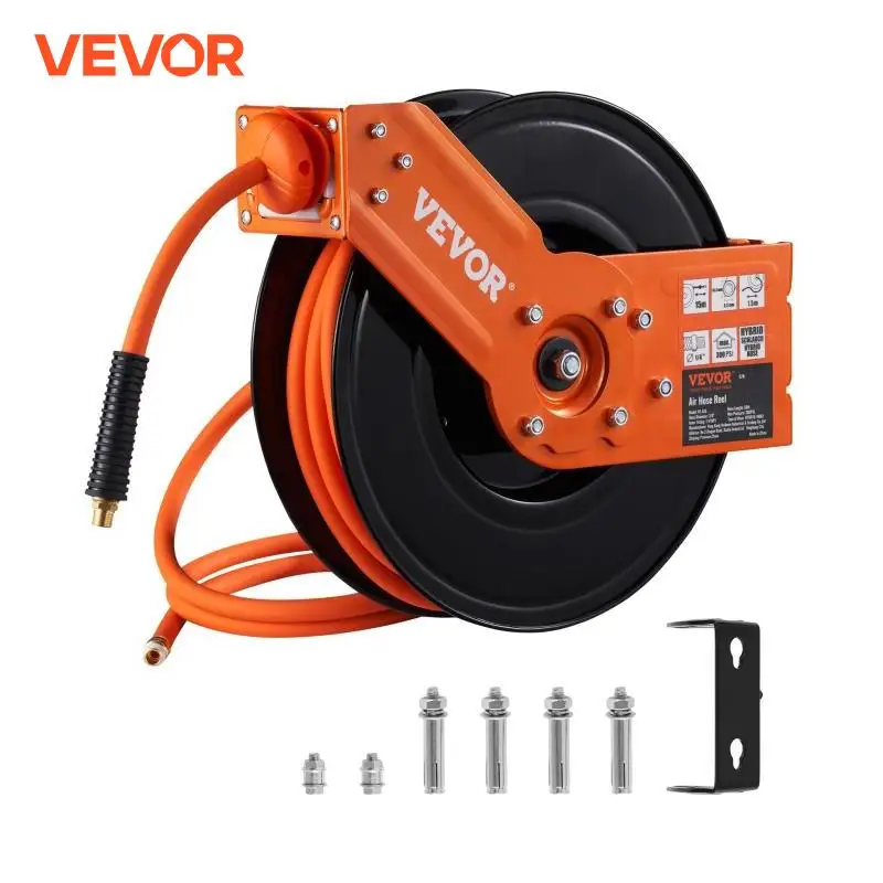 VEVOR Retractable Air Hose Reel 50 FT Hybrid Air Compressor Hose Reel 5 In Wall Mount Heavy Duty Double Arm Stainless Steel Reel