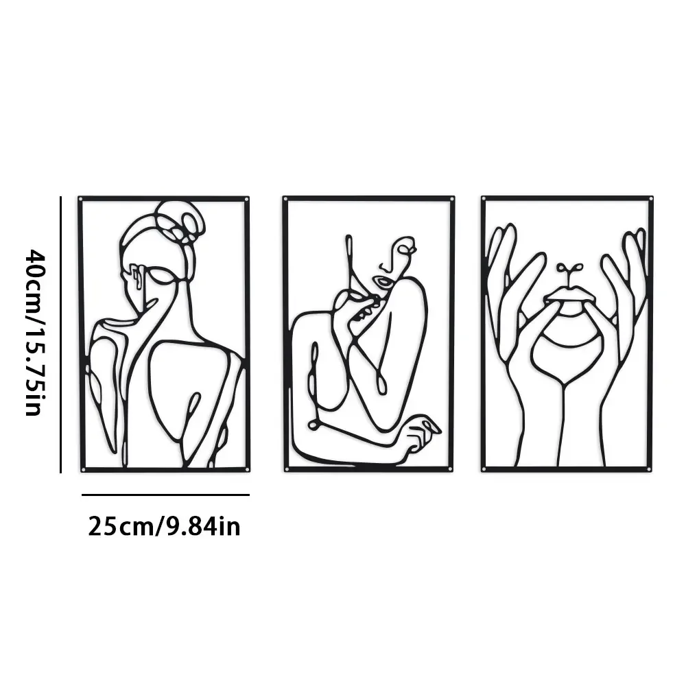 1pc Modern Gallery Display. Minimalist 3-Piece Metal Wall Art: Elegant Continuous-line Silhouettes Create A Captivating