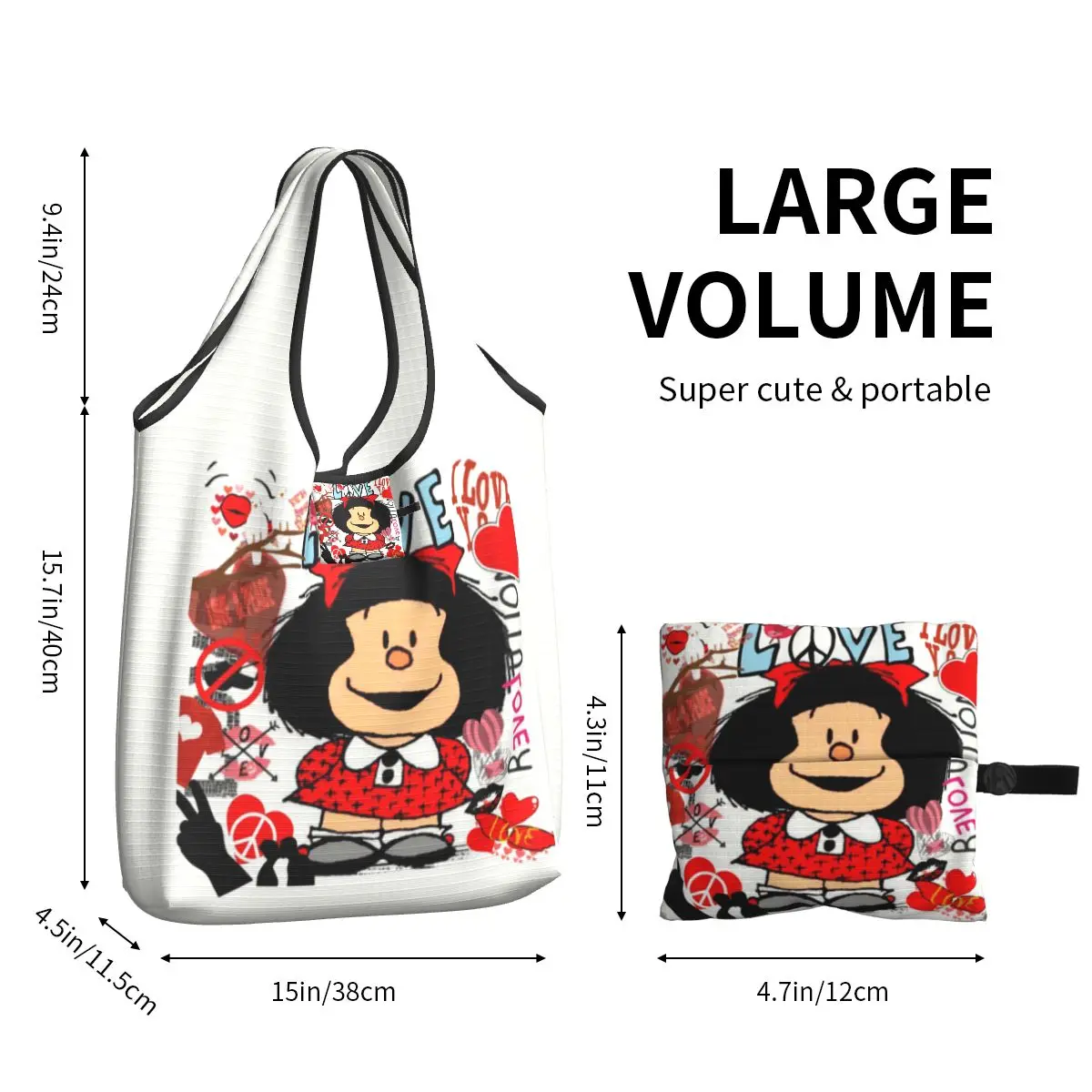 Custom Love And Mafalda circondato da Hearts Shopping Bags portatile di grande capacità generi alimentari Manga Cartoon Shopper Tote Bags