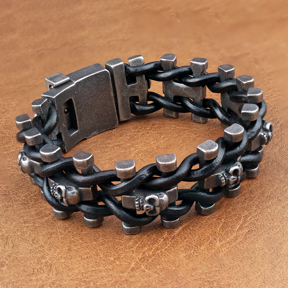 Vintage Domineering Skull Braided Leather Bracelet Trendy Charm Stainless Steel Biker Bracelet Punk Hip Hop Jewelry Dropshipping