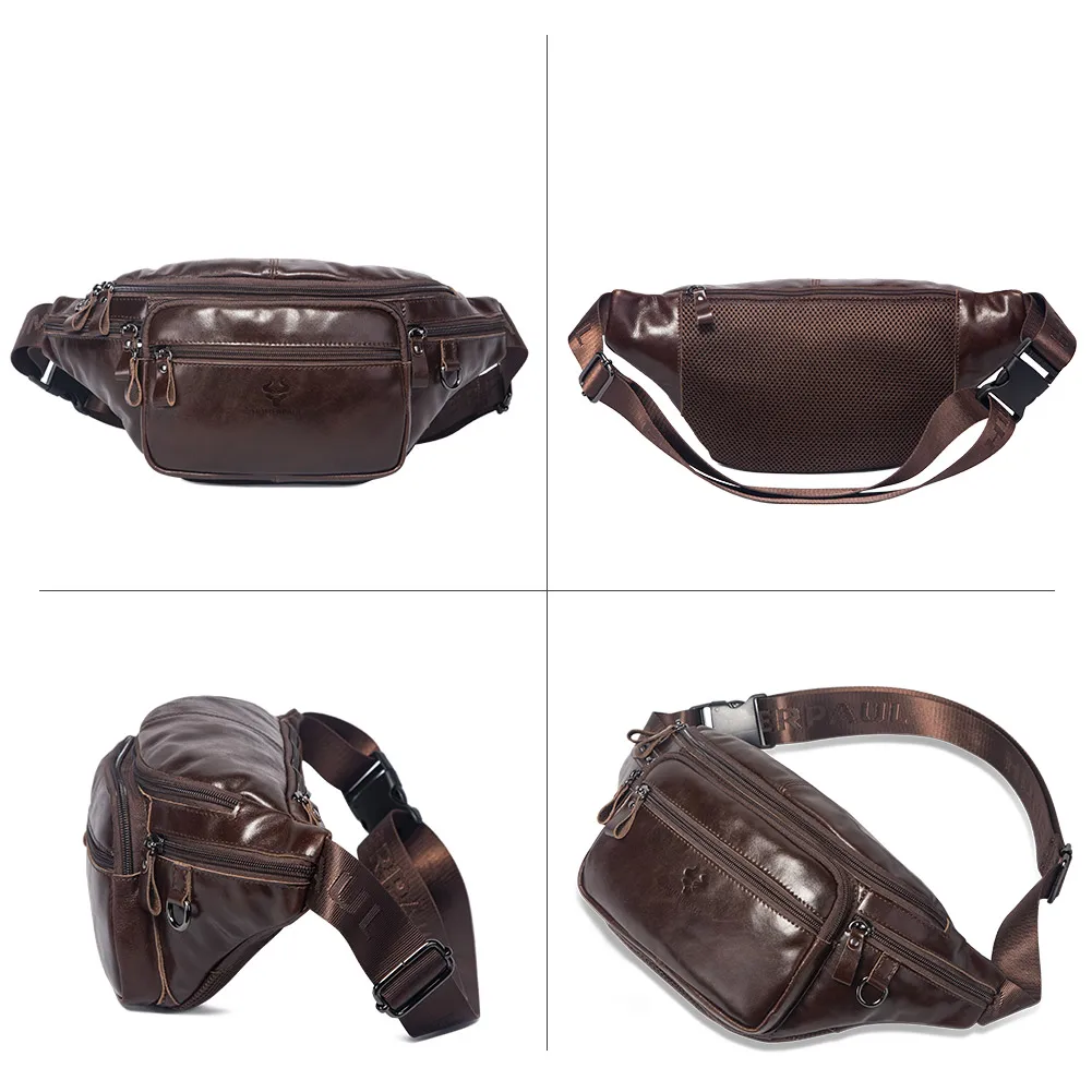 KAVIS Genuine Leather Fanny Pack Waist Bag Multi-Pockets Waist Belt Bag Large Capacity Chest Bags for Hiking Running And Cycling