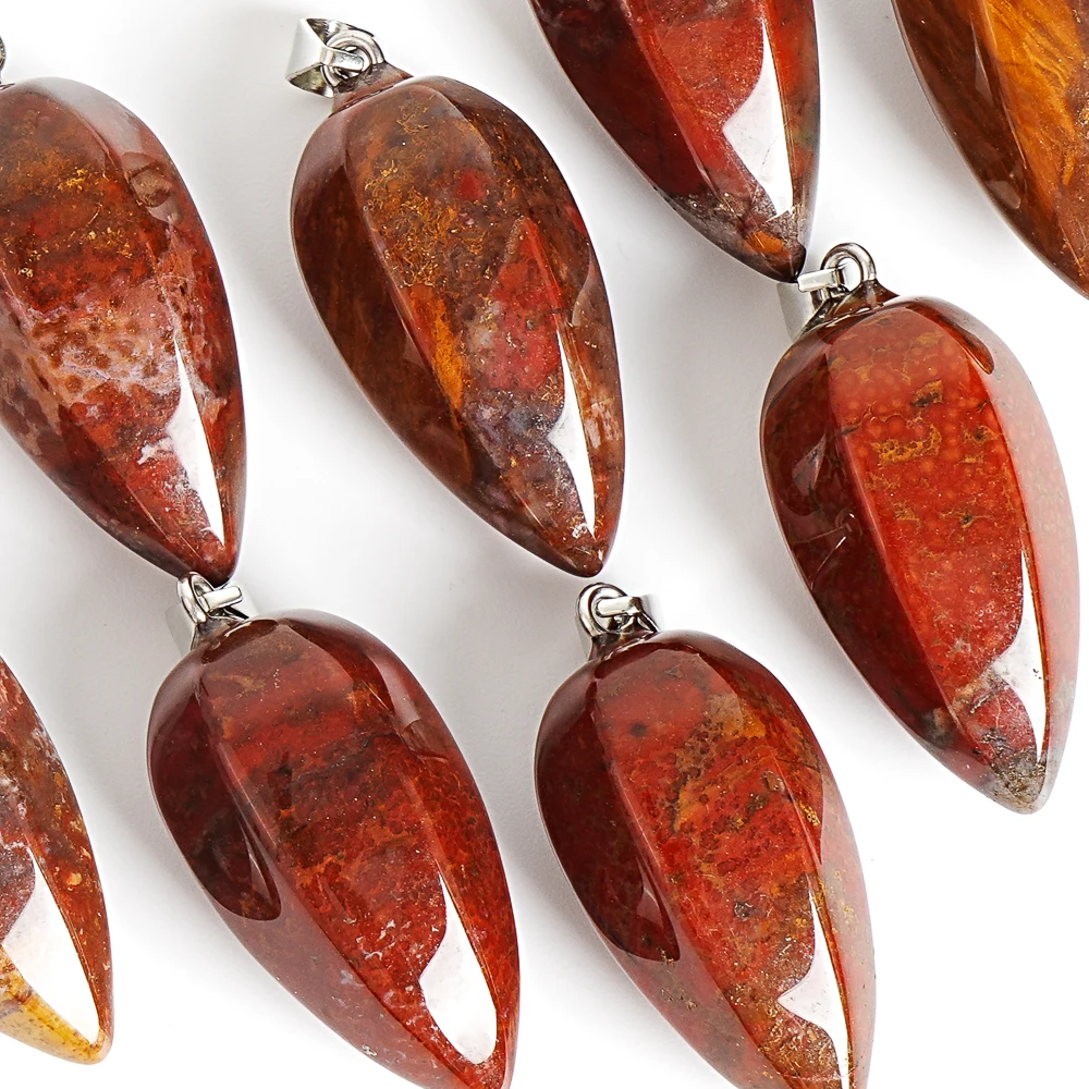 RED MOSS AGATE PENDANT 31X14MM NATURAL STONE HEXAGONAL CONE CHARM SMOOTH POLISHED GEMSTONE FOR DIY NECKLACE JEWELRY MAKING GIFT