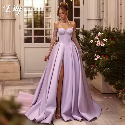 Lily Lilac Elegant Satin Evening Dress A-line Prom Dress Pearls High Split Party Formal Gown robe de bal for Woman Customized