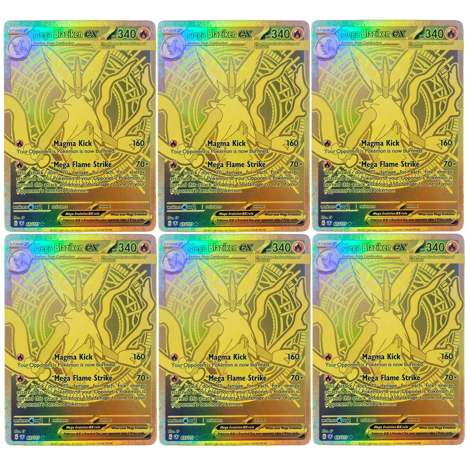 Selbstgemachte Pokemon Gold-Textur Englische Mega Blaziken Alakazam Gengar Gyarados Raichu ex Sammelkarten Spielzeug