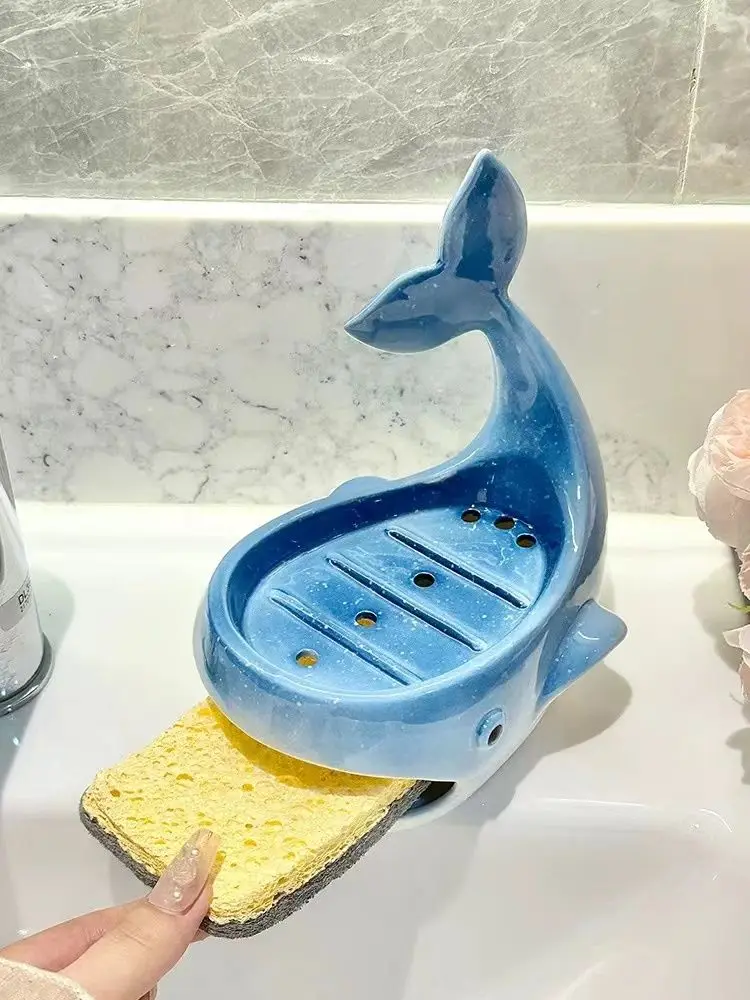 Ceramic Whale Drain Soap Box Modern Household Bathroom Simple Creative Arts Storage Tray Hotel Bathroom Advanced Sense Soap Rack