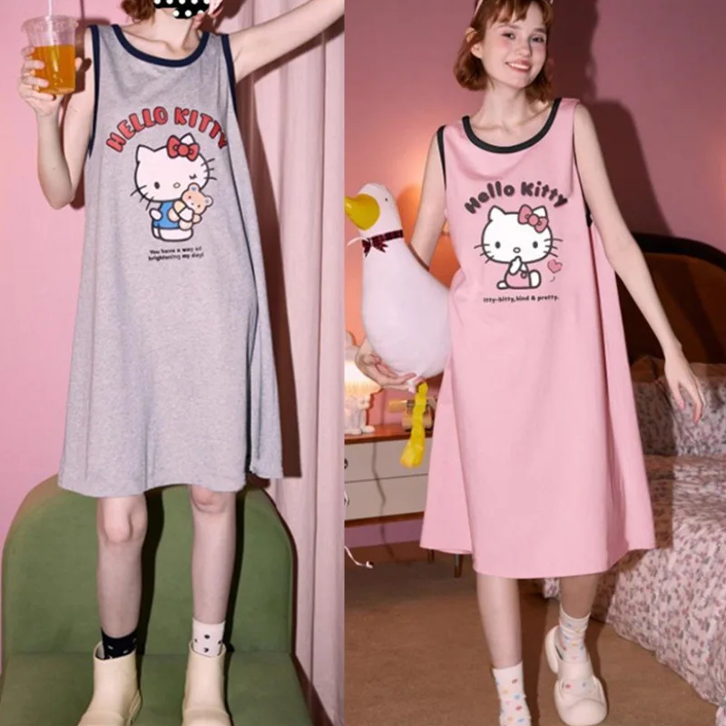 Hello Kitty Long Camis Vest Sleeveless Dress Bottoming Skirt Woman Girl Loose Dresses Plus Fat Plus Size Female Homewear Pajamas