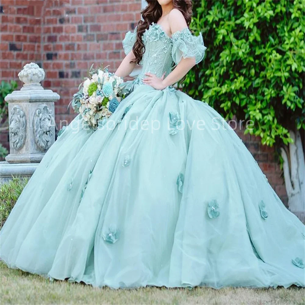 Angelsbridep мятно-зеленое бальное платье с открытыми плечами 15 лет платья Quinceanera 2025 с 3D флорой принцессы Vestidos De Fiesta