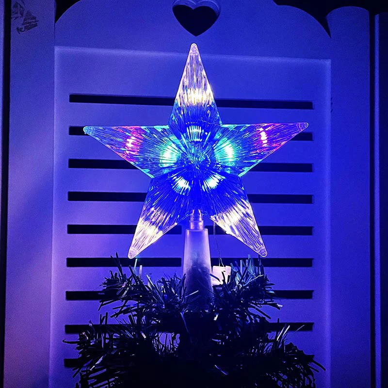 Christmas Glowing Tree Topper Five-pointed Star Transparent Led Shining Lamp Xmas Colorful Topstar Ornaments Navidad Decra 15cm