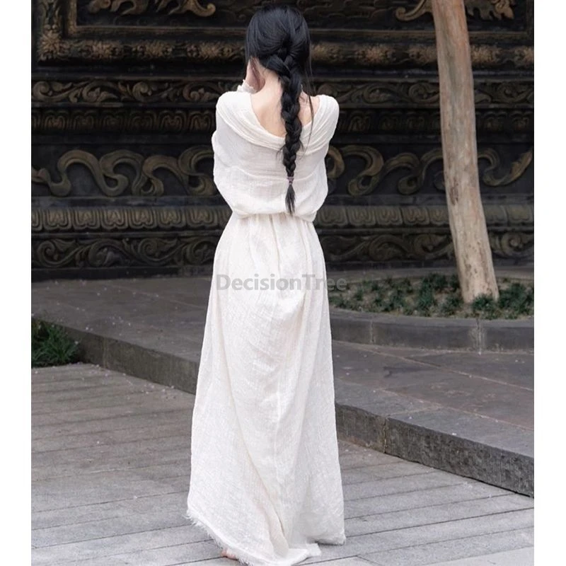 Elegant Zen-style Robe Dress Vintage Chinese Style Women Cotton Linen Robe Spring Autumn Loose Lazy Tie-waist Long Dress