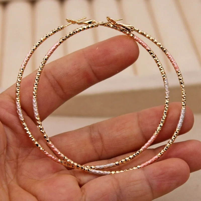 Gold Color - Dia. 2.7\'\' Huge Circle 3-Color Plated Swirl Hoop Earrings