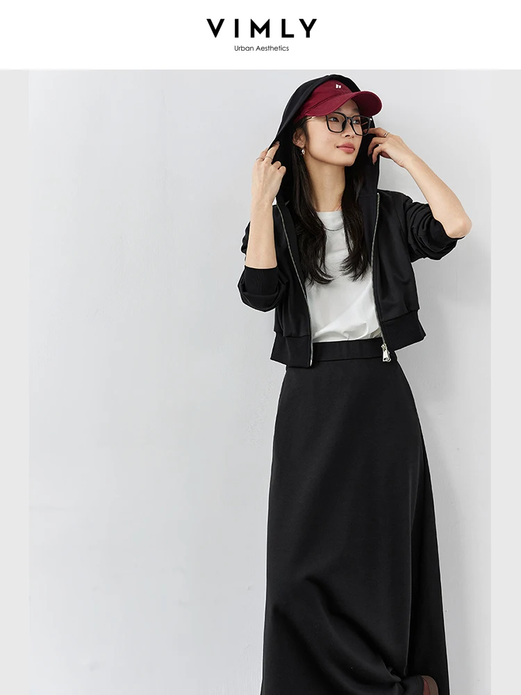 VIMLY Women\'s Office Lady Skirt Set 2026 Spring Simple Casual Hooded Cardigans Coat+Straight Long Skirt Sporty Two Piece Sets
