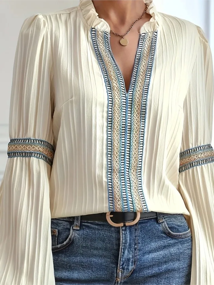 

Fashion Lace Print Shirt Lady Casual Long Sleeve V Neck Pullover Shirts Tops For Women Elegant Office Holiday Womens Clothing