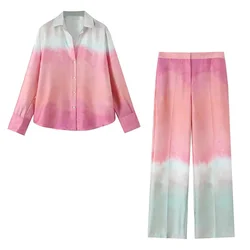 Taop&Za 2024 Autumn New Product Women's Fashion Casual Long Sleeve Tie dye Printed Shirt High Waist Pants Set