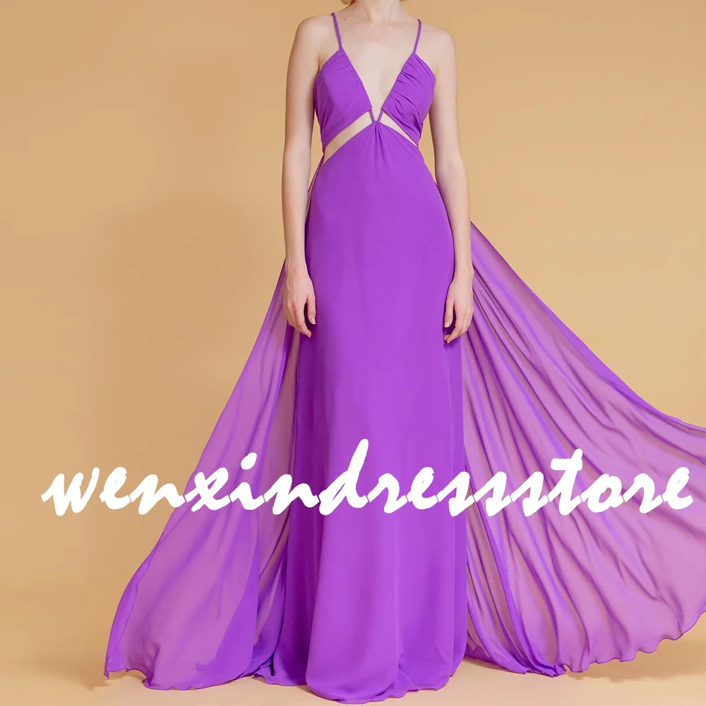 Purple Floor Length Sleeveless Chiffon Straight V Neck Spaghetti Straps Pleats Panel Train Dresses For Formal Occasions Elegant