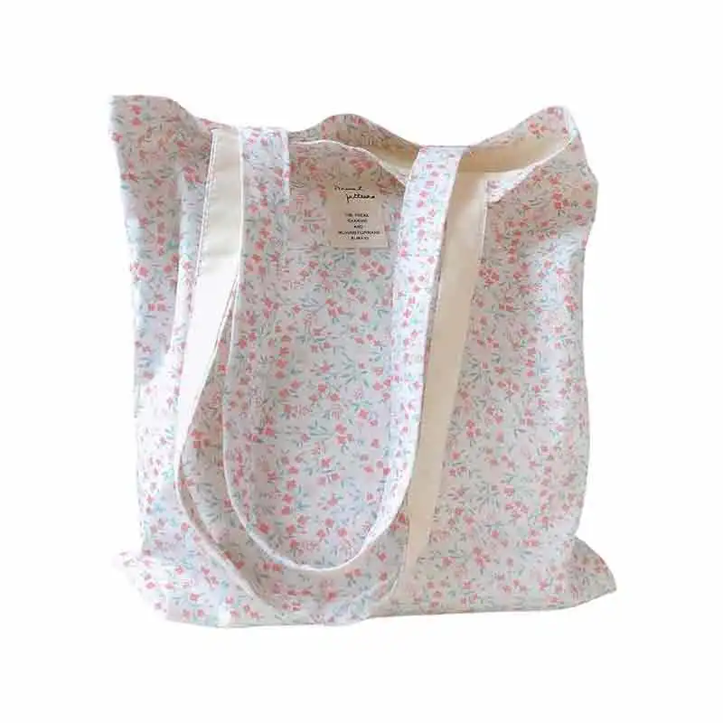 BQF01 Cotton Canvas Tote Bag Reusable Soft Grocery Cloth Floral Shoulder Bag for Beach Travel Shopping