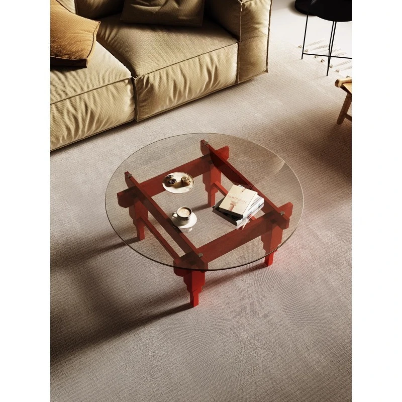 

Medieval round tempered glass all solid wood coffee table