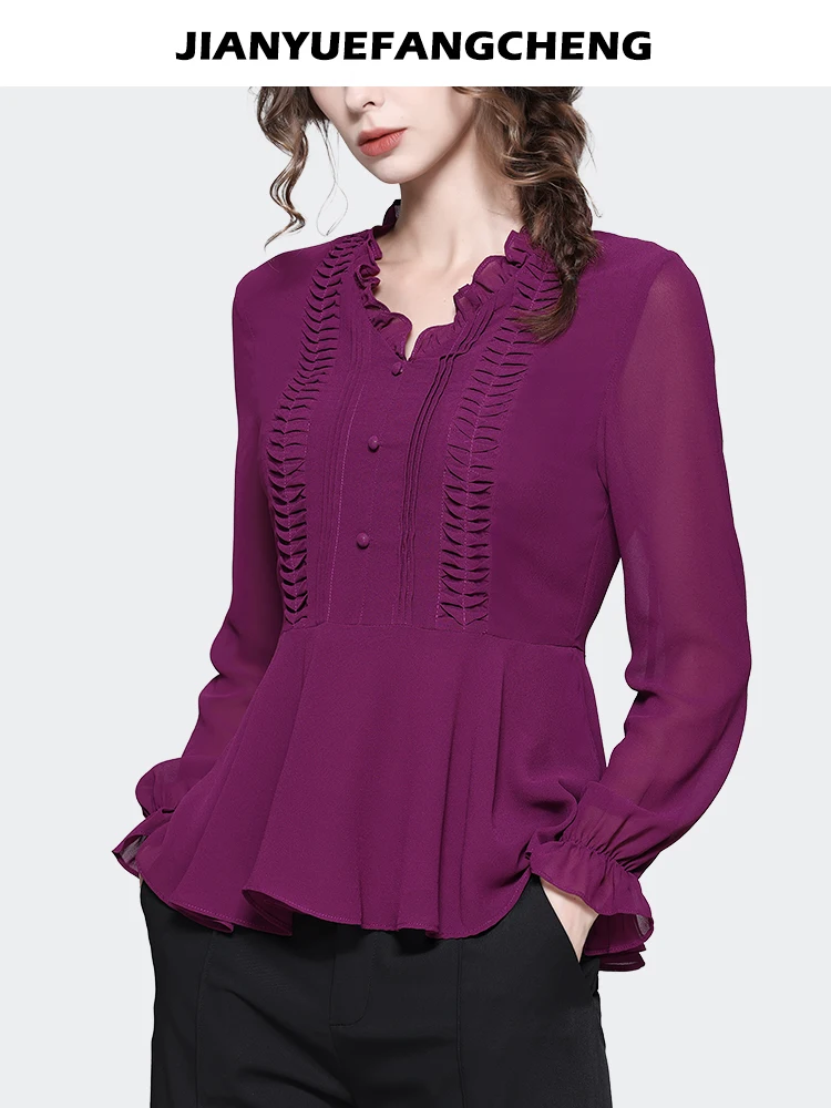 Magenta Chiffon Top Women' Long Sleeve V-neck Ruffles Blouse 2024 Spring Summer New Slim Chic Fashion Vintage Office Blouses