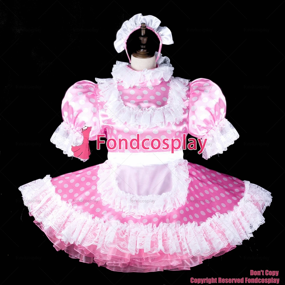 Fondcosplay adulto sexy vestido cruzado sissy maid bebé rosa puntos vestido de satén delantal blanco con cerradura uniforme CD/TV [G2318]