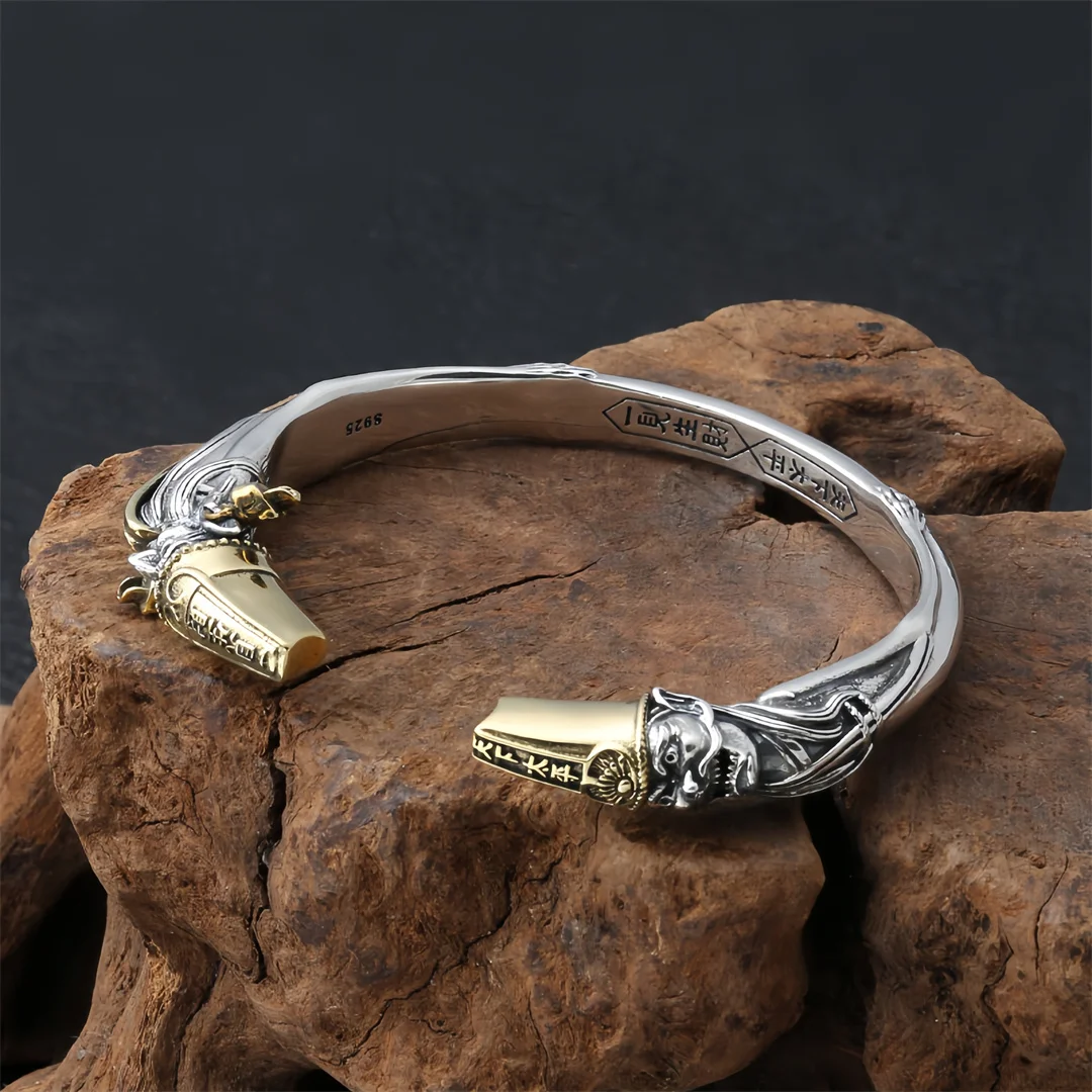 BOCAI S925 Sterling Silver Charms Bangle for Men Antique Black and White Guards or the Under World Bracelet Fine Choice Jewelry