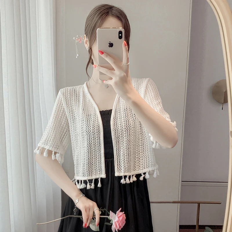 

Женский вязаный кардиган с кружевной отделкой, тонкий летний солнцезащитный кардиган Dr Outer irt ort oulder visl