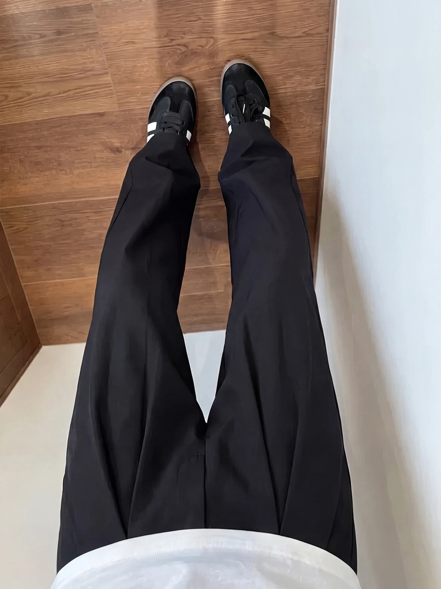 Black Pleated Wide Leg Men's Casual Pants Summer A-Line Shape Drapey Flared High-End Straight Loose Long Trousers